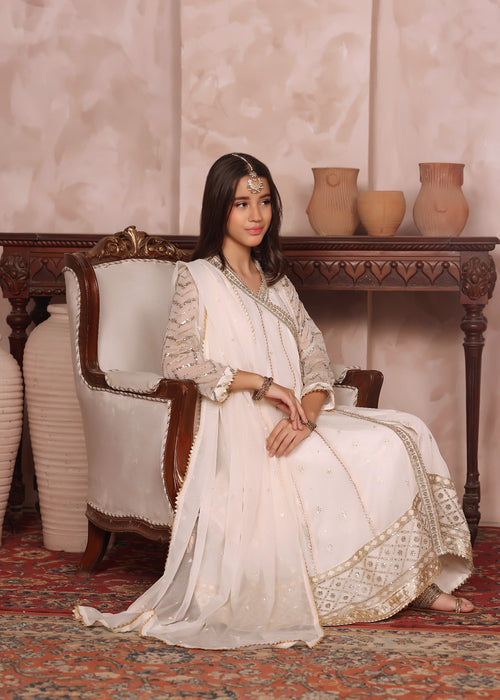 Mommy and Me by Abaan Zohan RTW Embroidered Chiffon 3 Piece Suit NAYAAB Kids Off white - Festive Collection