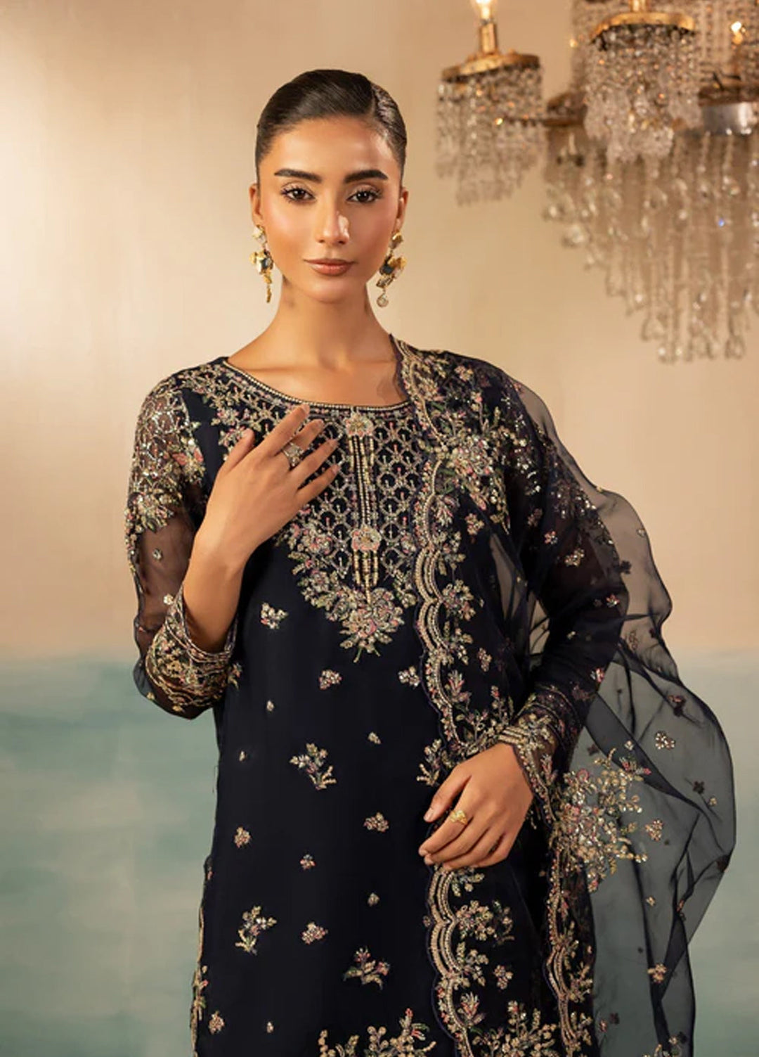 Signature by Diara Couture Pret Luxury Embroidered 3 Piece Raw Silk Jugnu-Df-44-Navy Blue - Formals Collection