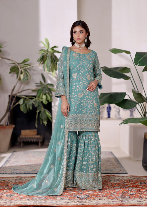 Rang e Haseen by Abaan Zohan RTW Embroidered chiffon 3 Piece Suit Riwaj Aqua - Festive Collection