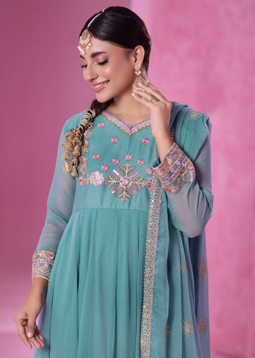 Abaan Zohan Women RTW Embroidered Chiffon 3 Piece Suit Zeenat Aqua - Festive Collection