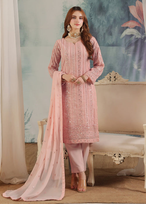Abaan Zohan Women RTW Embroidered Chiffon 3 Piece Suit Chandni Tea Pink - Festive Collection