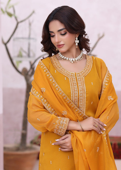 Abaan Zohan Women RTW Embroidered Chiffon 3 Piece Suit Ada Mustard - Festive Collection