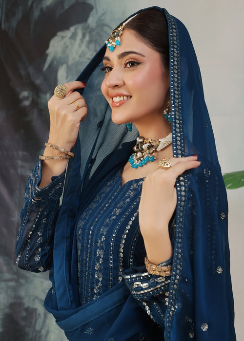 Abaan Zohan Women RTW Embroidered Chiffon 3 Piece Suit Chandni Peacock - Festive Collection