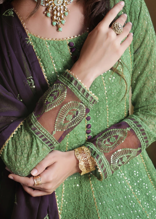 Zardozi Dreams by Abaan Zohan RTW Embroidered chiffon 3 Piece Suit Raqs Pistachio Green - Festive Collection