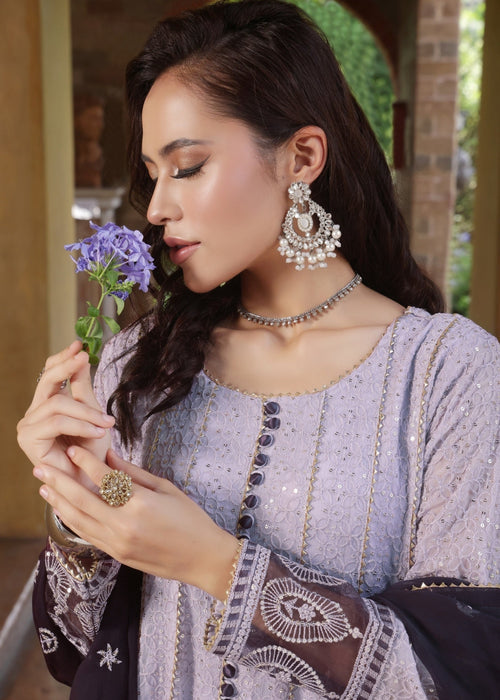 Zardozi Dreams by Abaan Zohan RTW Embroidered chiffon 3 Piece Suit Raqs Lilac - Festive Collection