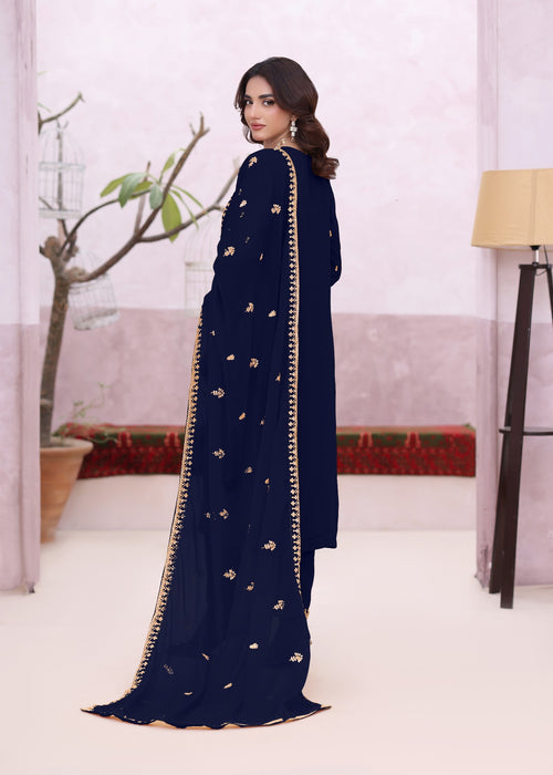 Abaan Zohan Women RTW Embroidered Chiffon 3 Piece Suit Ada Navy Blue - Festive Collection