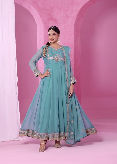 Abaan Zohan Women RTW Embroidered Chiffon 3 Piece Suit Zeenat Aqua - Festive Collection