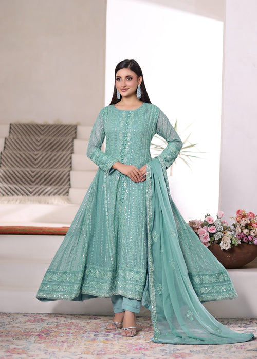 Rang e Haseen by Abaan Zohan RTW Embroidered chiffon 3 Piece Suit Zeno Aqua - Festive Collection