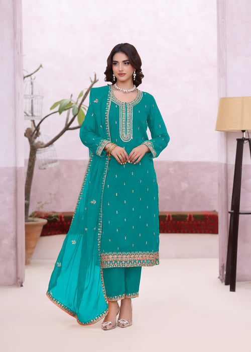Abaan Zohan Women RTW Embroidered Chiffon 3 Piece Suit Ada Sea Green - Festive Collection