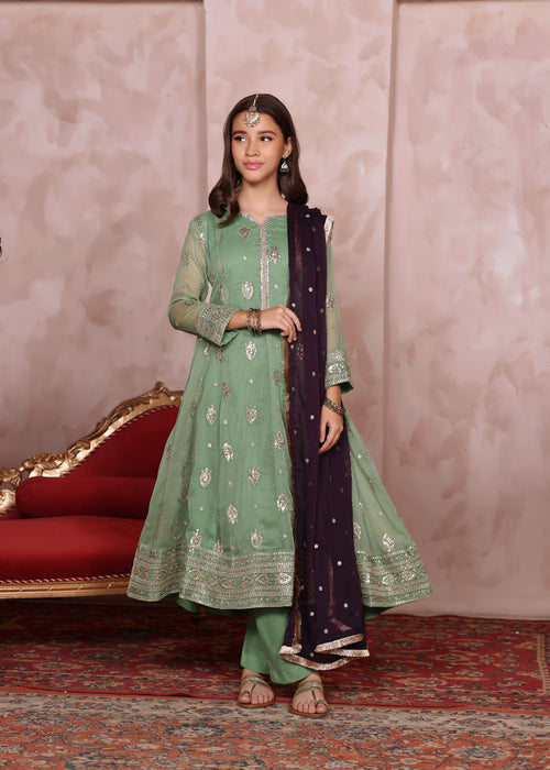 Mommy and Me by Abaan Zohan RTW Embroidered Chiffon 3 Piece Suit Raunak Kids Pastel Green - Festive Collection