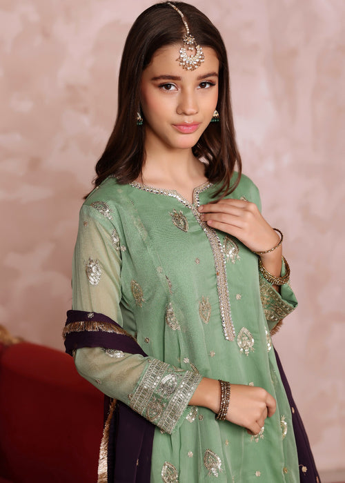 Mommy and Me by Abaan Zohan RTW Embroidered Chiffon 3 Piece Suit Raunak Kids Pastel Green - Festive Collection
