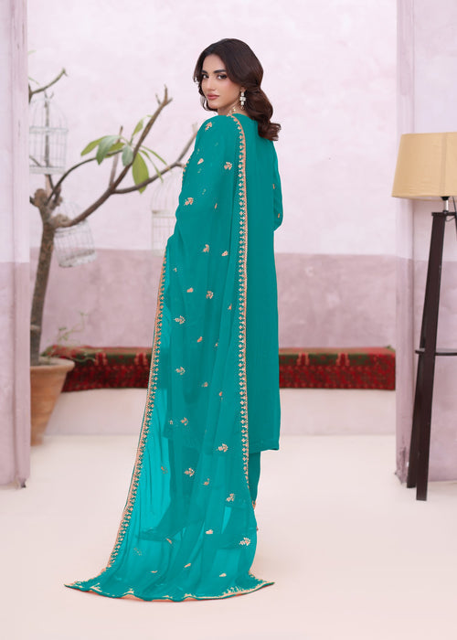 Abaan Zohan Women RTW Embroidered Chiffon 3 Piece Suit Ada Sea Green - Festive Collection