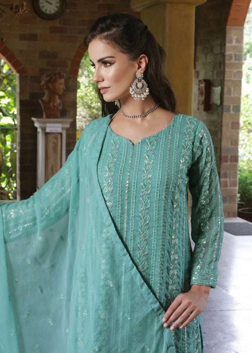 Abaan Zohan Women RTW Embroidered Chiffon 3 Piece Suit Chandni Light Cyan - Festive Collection