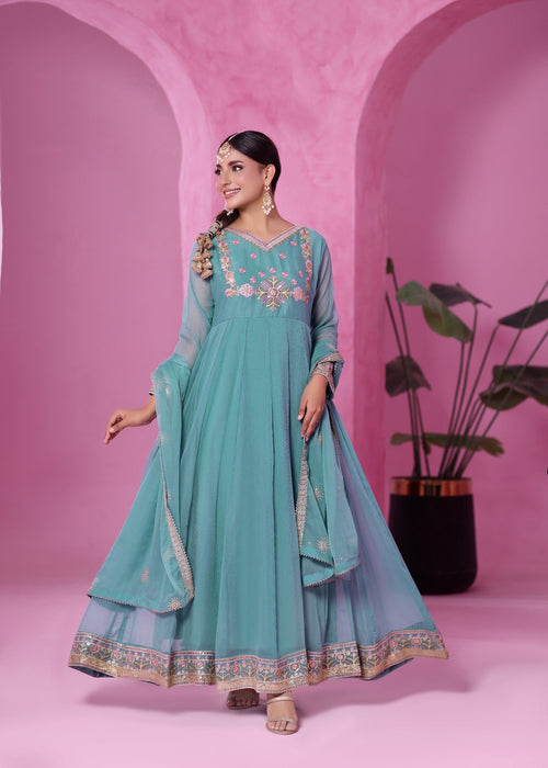 Abaan Zohan Women RTW Embroidered Chiffon 3 Piece Suit Zeenat Aqua - Festive Collection