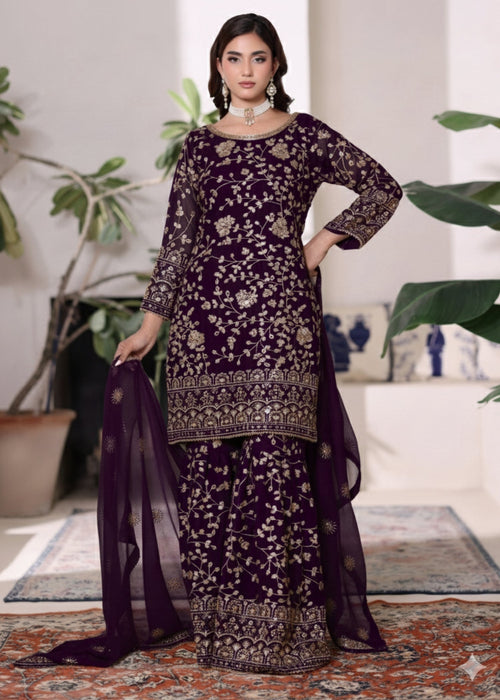 Rang e Haseen by Abaan Zohan RTW Embroidered chiffon 3 Piece Suit Riwaj Purple - Festive Collection