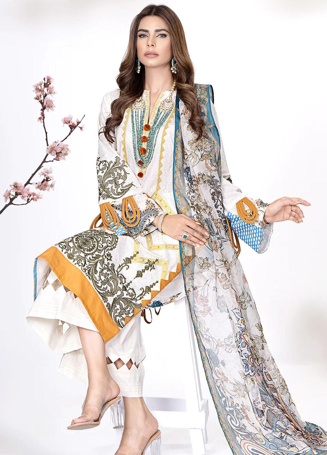 Meerak Embroidered Lawn Suits Unstitched 3 Piece MRK23CC Damask - Summer Collection