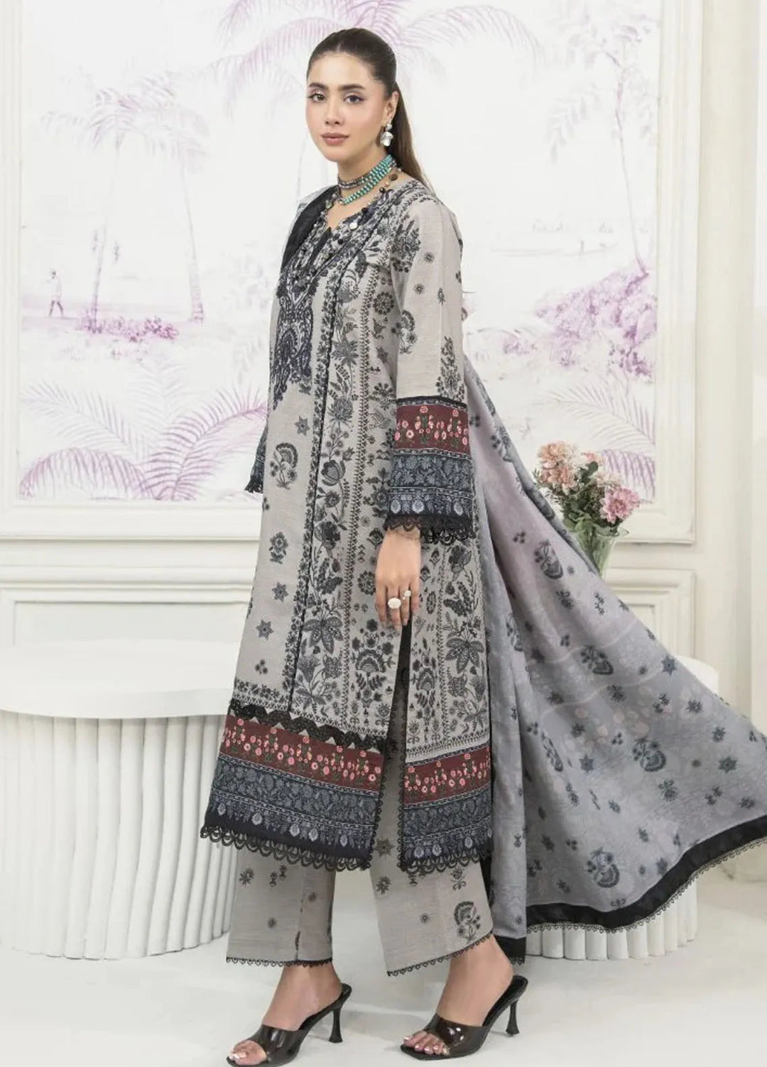 Meerak Pret Printed Khaddar 3 Piece Suit Mirage