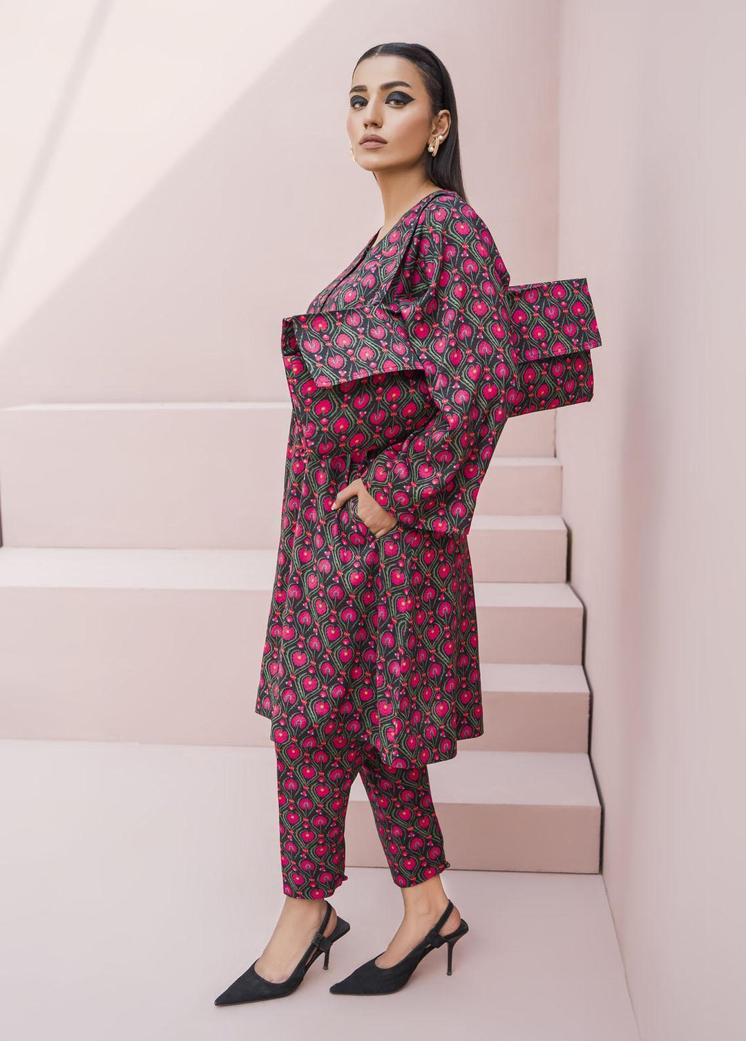 Meerak Pret Printed Raw Silk 2 Piece Suit Fuchsia