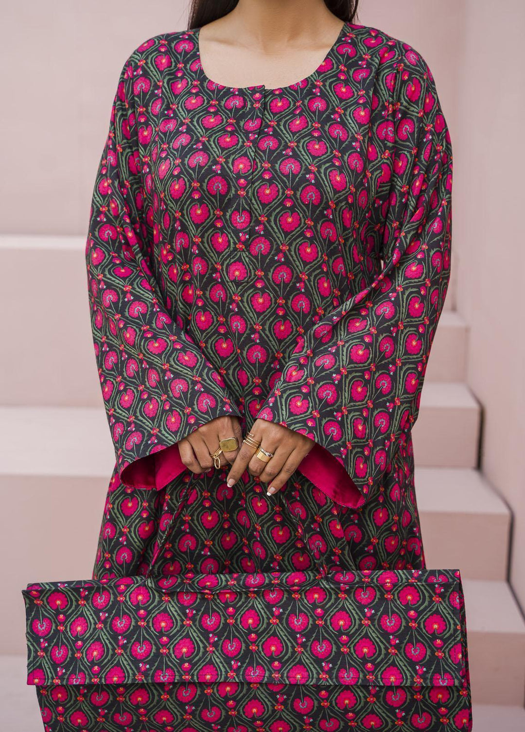 Meerak Pret Printed Raw Silk 2 Piece Suit Fuchsia
