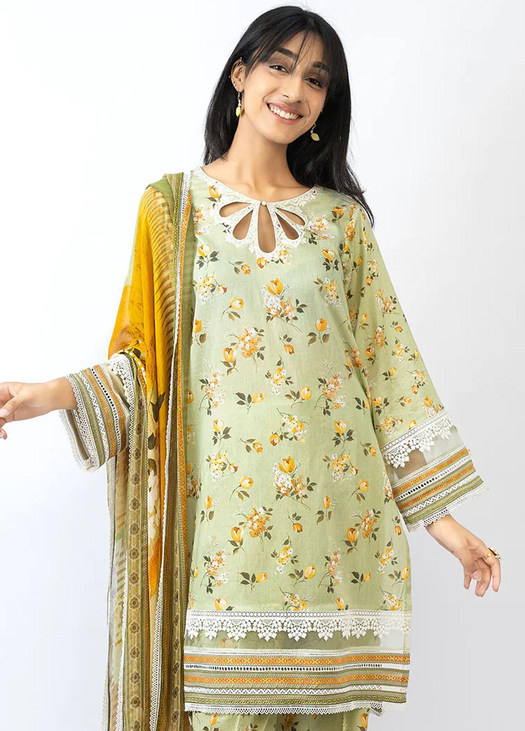 Meerak Embroidered Lawn Suits Unstitched 3 Piece MK23EL D-01 Citrus - Summer Collection