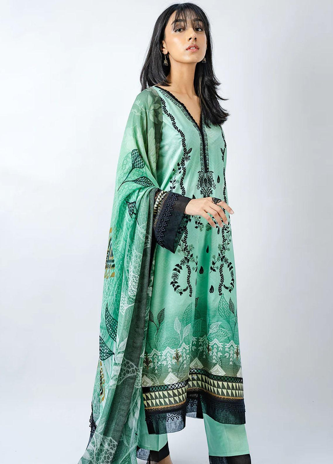 Meerak Embroidered Lawn Suits Unstitched 3 Piece MK23EL D-04 Aquamarine - Summer Collection