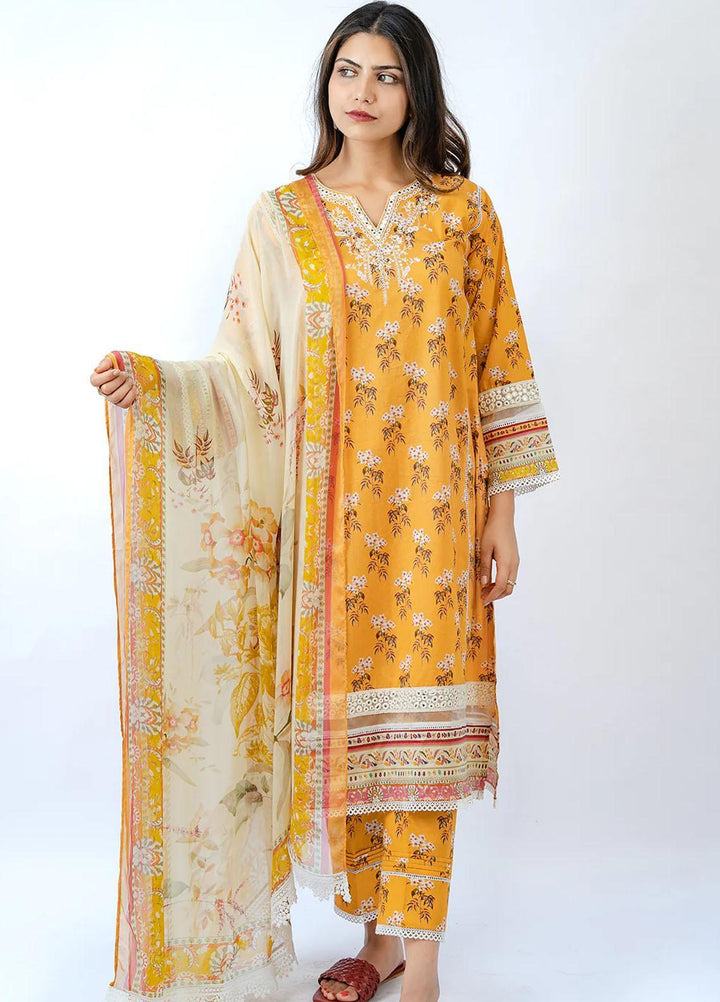 Meerak Embroidered Lawn Suits Unstitched 3 Piece MK23EL D-05 Daffodil - Summer Collection