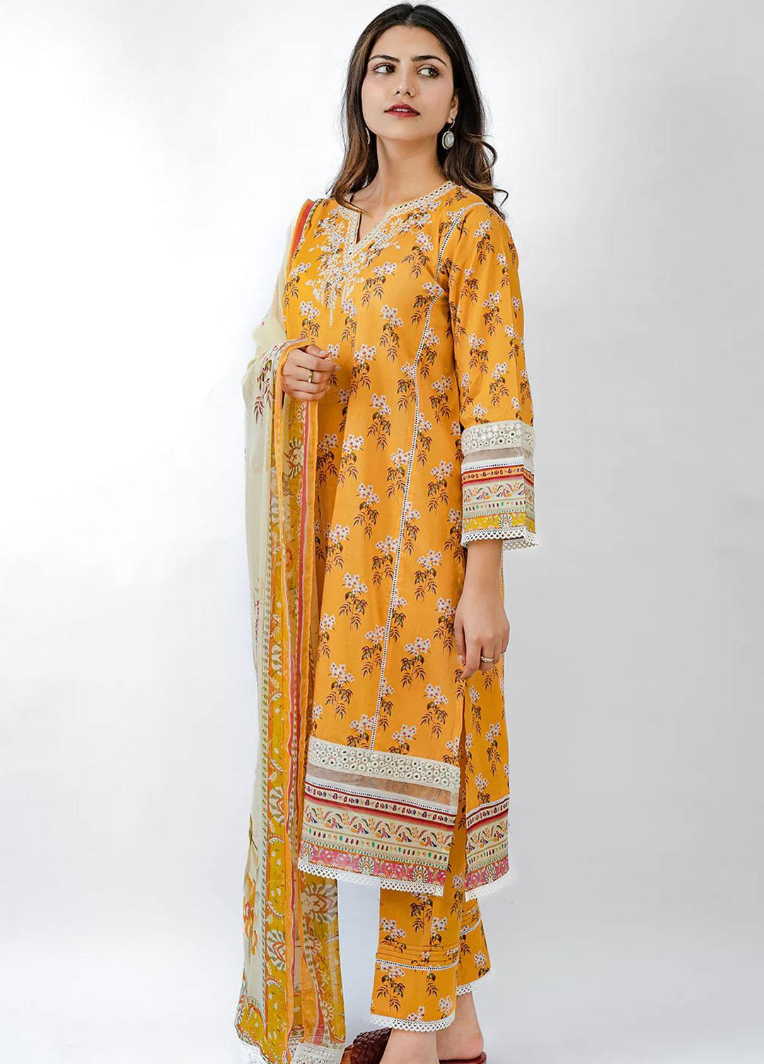 Meerak Embroidered Lawn Suits Unstitched 3 Piece MK23EL D-05 Daffodil - Summer Collection