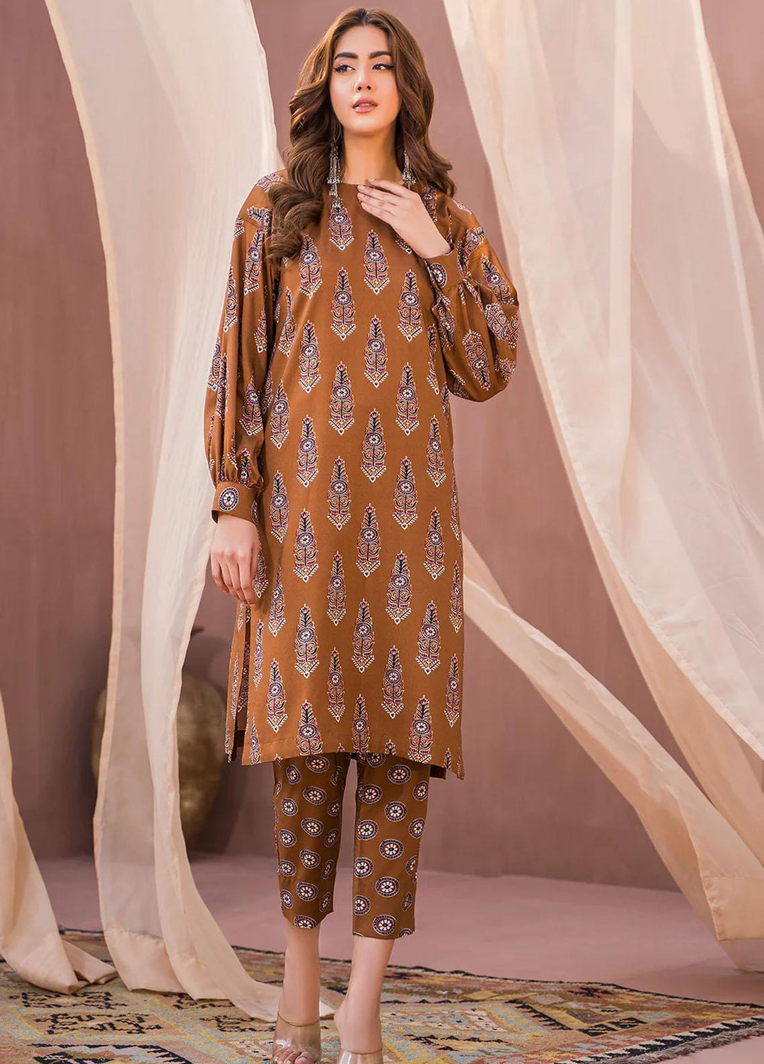 Meerak Printed Cambric Suits Unstitched 2 Piece MRK23SW Mocha - Winter Collection