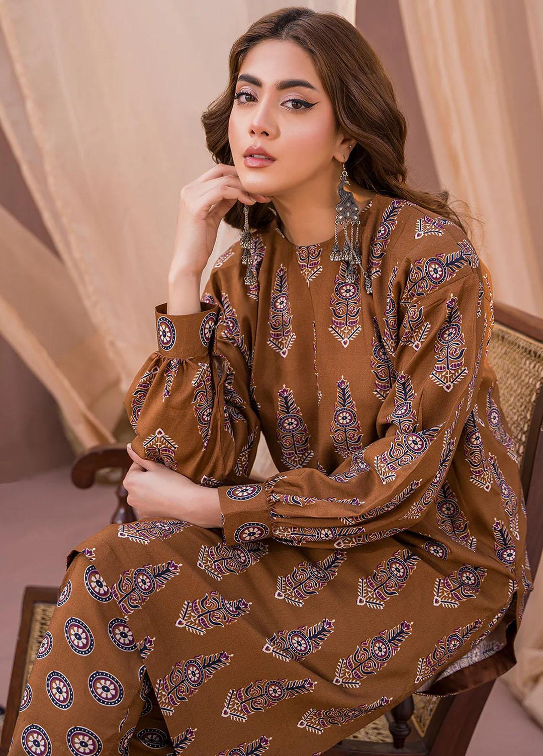 Meerak Printed Cambric Suits Unstitched 2 Piece MRK23SW Mocha - Winter Collection