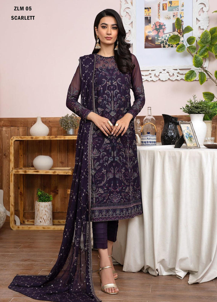 Meeral By Zarif Embroidered Chiffon Suits Unstitched 3 Piece ZF23MR ZLM 05 Scarlett - Luxury Formal Collection