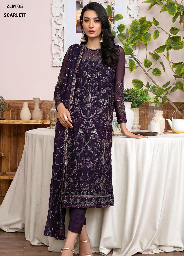 Meeral By Zarif Embroidered Chiffon Suits Unstitched 3 Piece ZF23MR ZLM 05 Scarlett - Luxury Formal Collection