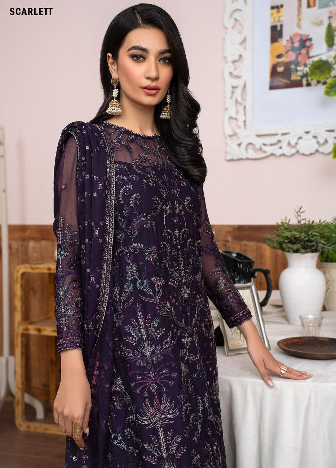 Meeral By Zarif Embroidered Chiffon Suits Unstitched 3 Piece ZF23MR ZLM 05 Scarlett - Luxury Formal Collection