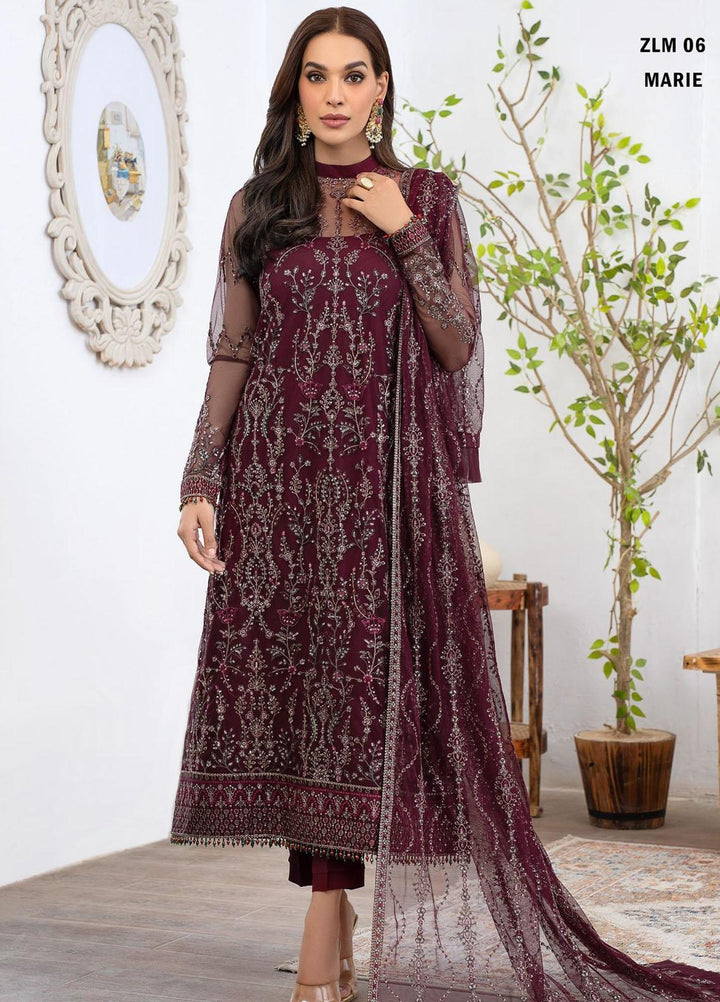 Meeral By Zarif Embroidered Net Suits Unstitched 3 Piece ZR25UF ZLM 06 Marie - Luxury Formal Collection