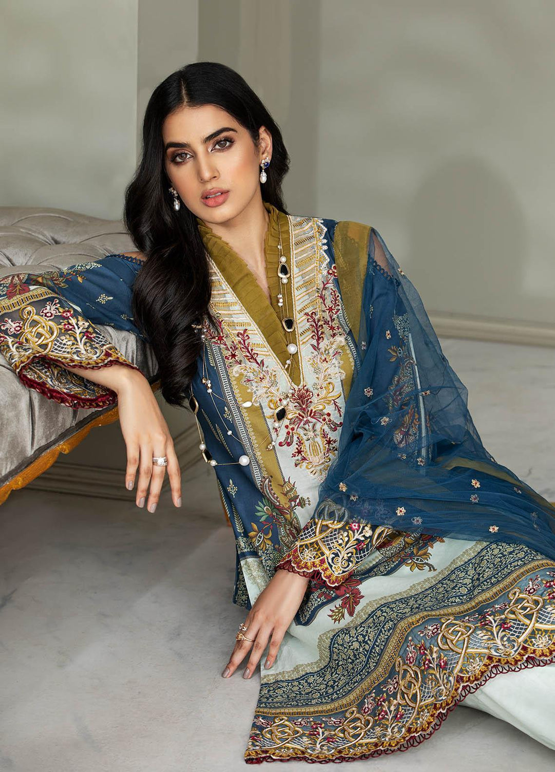 Coup De Fodre By Meeral Embroidered Lawn Suits Unstitched 3 Piece MRL21CF 04 Indigo Bunting - Luxury Collection