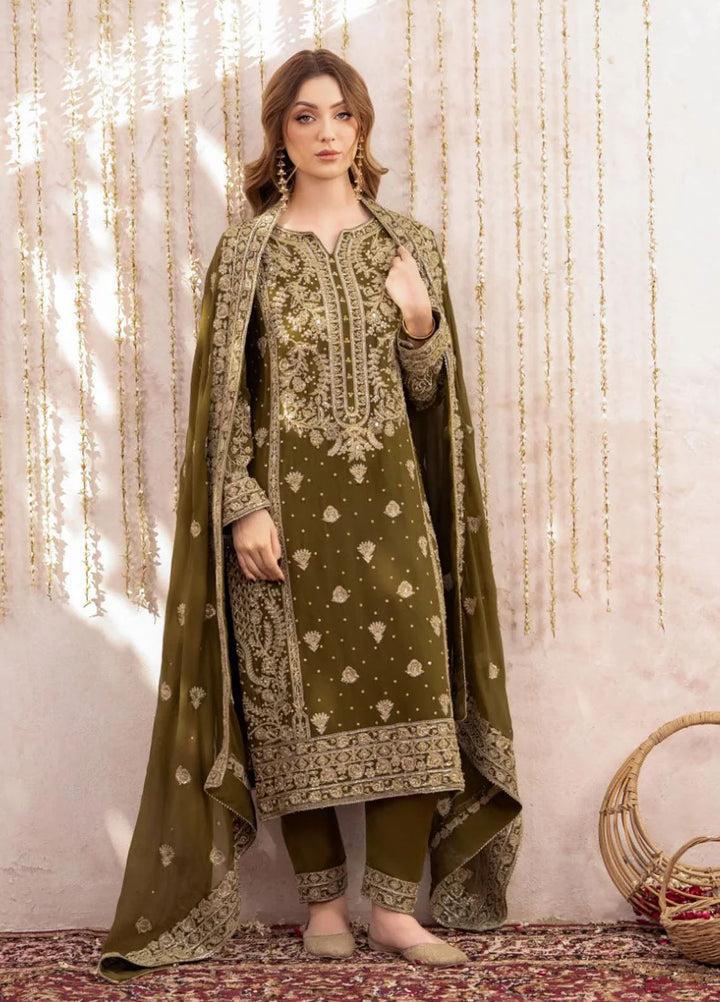 Meeral Pret Embroidered Chiffon 3 Piece Suit Mehndi