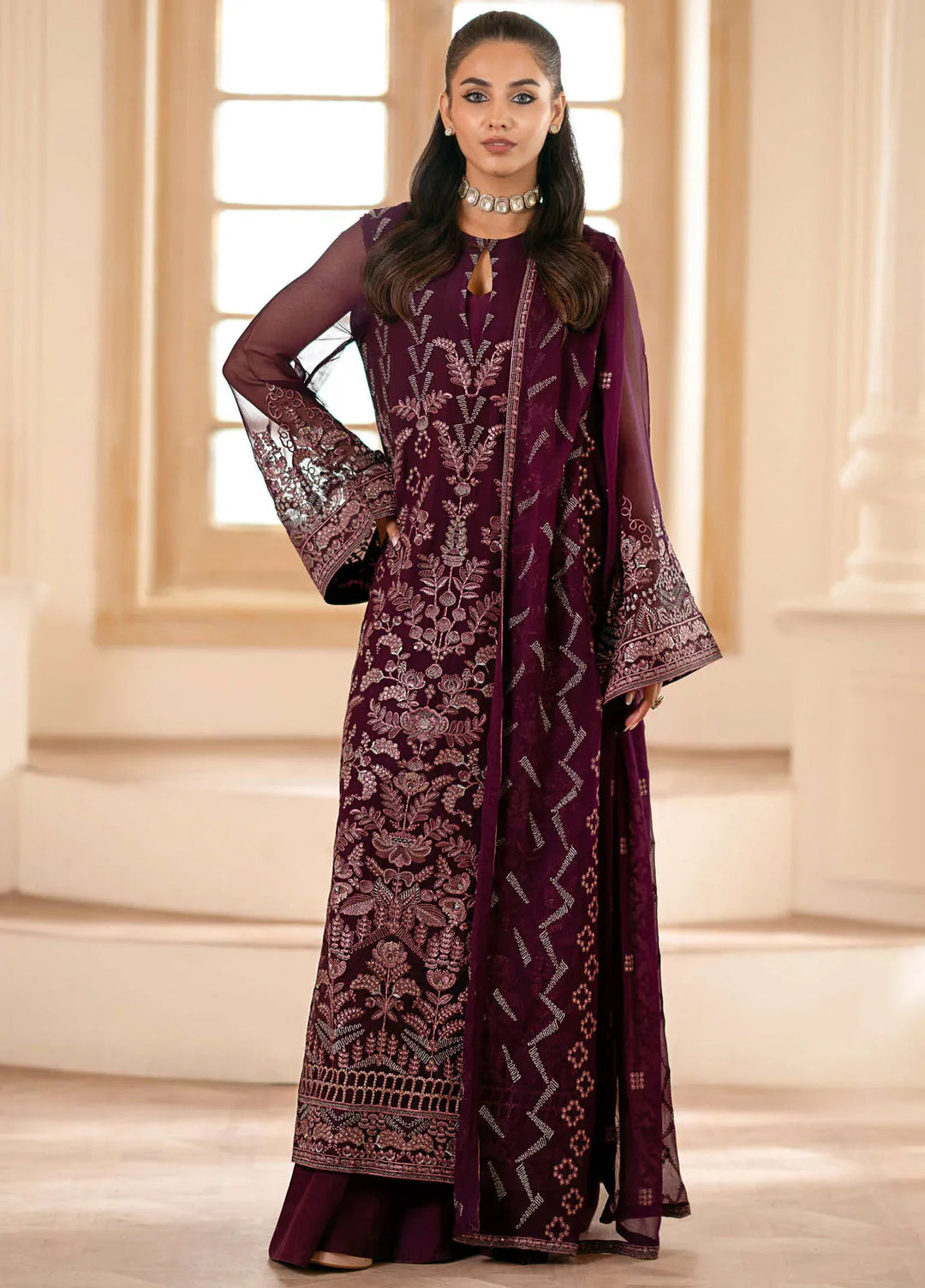 Meharbano By Kuch Khas Embroidered Chiffon Suit Unstitched 3 Piece FL24M K-1609 Caleste - Formal Collection