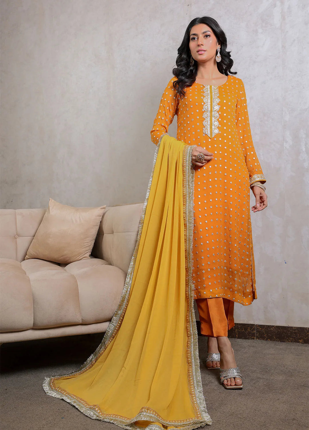 Mehav by Dhara Couture Pret Chiffon 3 Piece Suit Chamkeeli