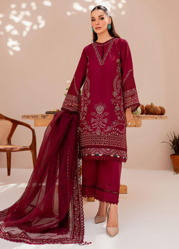 Mehek By Farasha Embroidered Lawn Suits Unstitched 3 Piece FDH23M D-01 Maroon Glare - Festive Collection