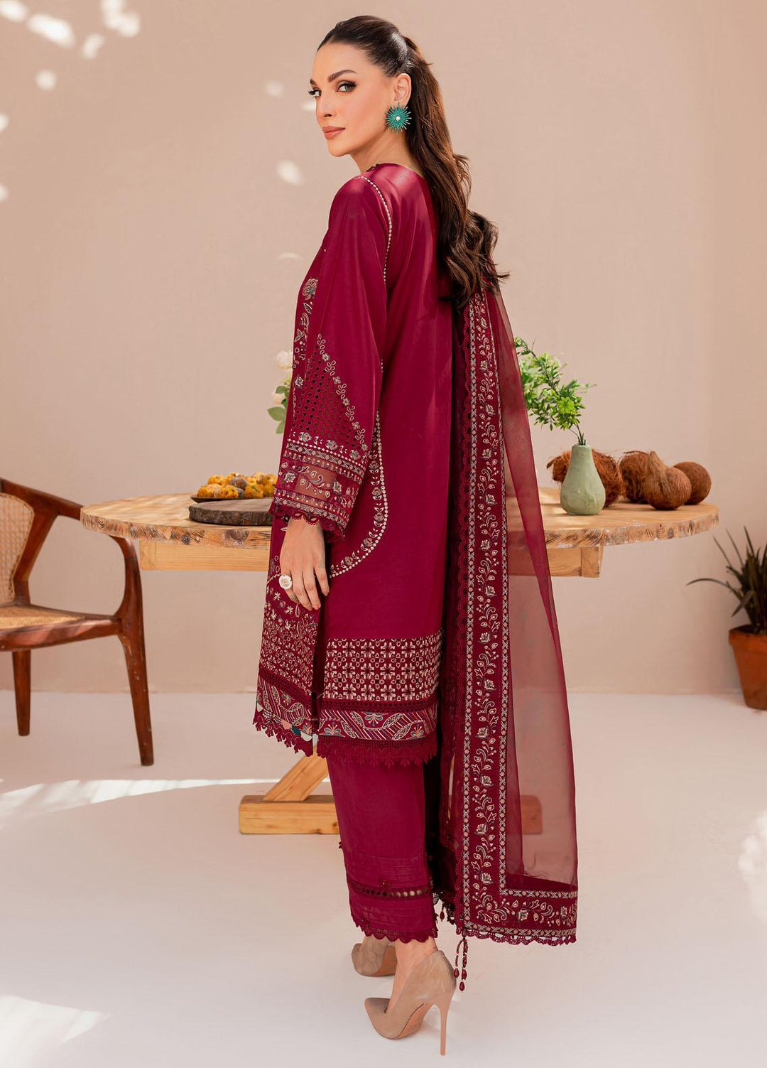Mehek By Farasha Embroidered Lawn Suits Unstitched 3 Piece FDH23M D-01 Maroon Glare - Festive Collection