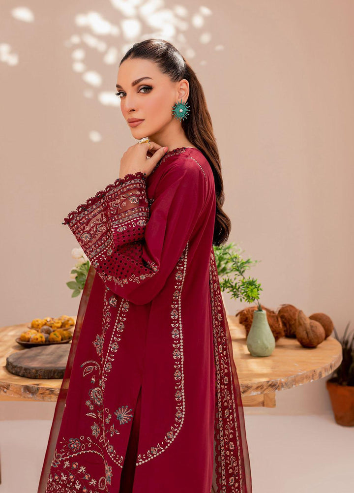 Mehek By Farasha Embroidered Lawn Suits Unstitched 3 Piece FDH23M D-01 Maroon Glare - Festive Collection