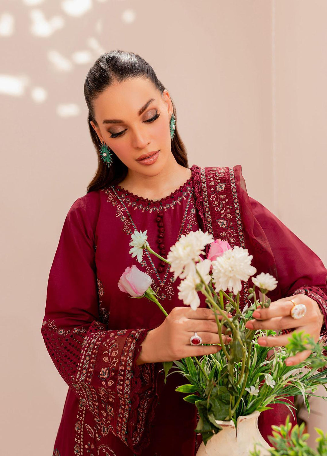 Mehek By Farasha Embroidered Lawn Suits Unstitched 3 Piece FDH23M D-01 Maroon Glare - Festive Collection