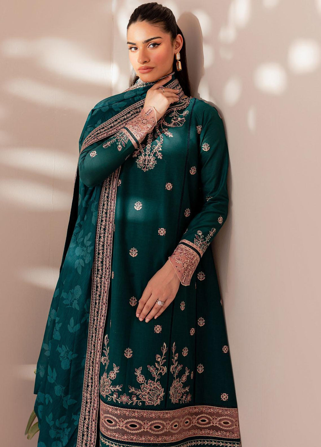 Mehek By Farasha Embroidered Lawn Suits Unstitched 3 Piece FDH23M D-02 Teal Sage - Festive Collection