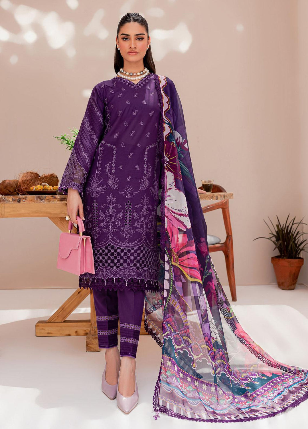 Mehek By Farasha Embroidered Lawn Suits Unstitched 3 Piece FDH23M D-04 Purple Aura - Festive Collection