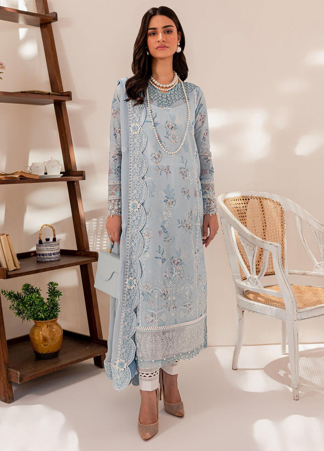 Mehek By Farasha Embroidered Lawn Suits Unstitched 3 Piece FDH23M D-05 Ocean Dust - Festive Collection