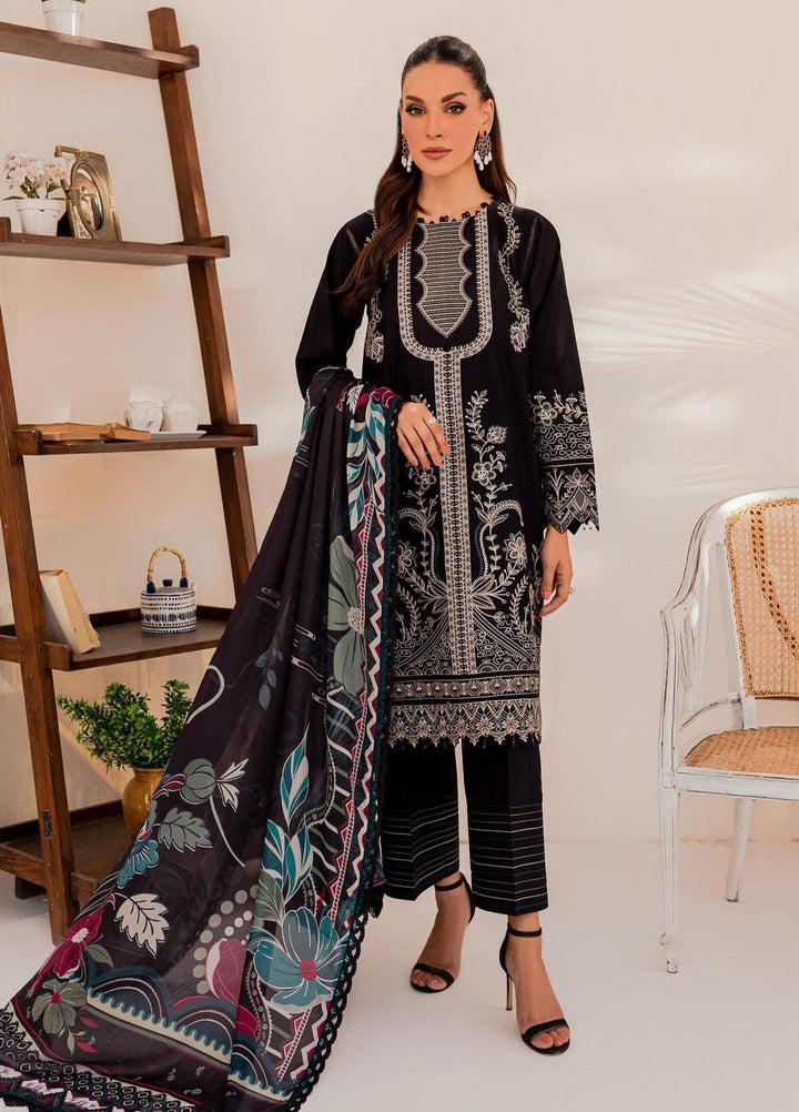 Mehek By Farasha Embroidered Lawn Suits Unstitched 3 Piece FDH23M D-06 Black Floret - Festive Collection
