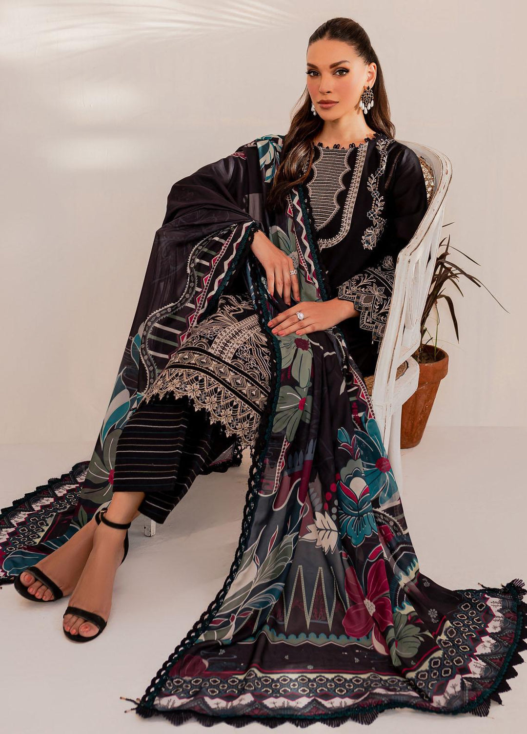 Mehek By Farasha Embroidered Lawn Suits Unstitched 3 Piece FDH23M D-06 Black Floret - Festive Collection