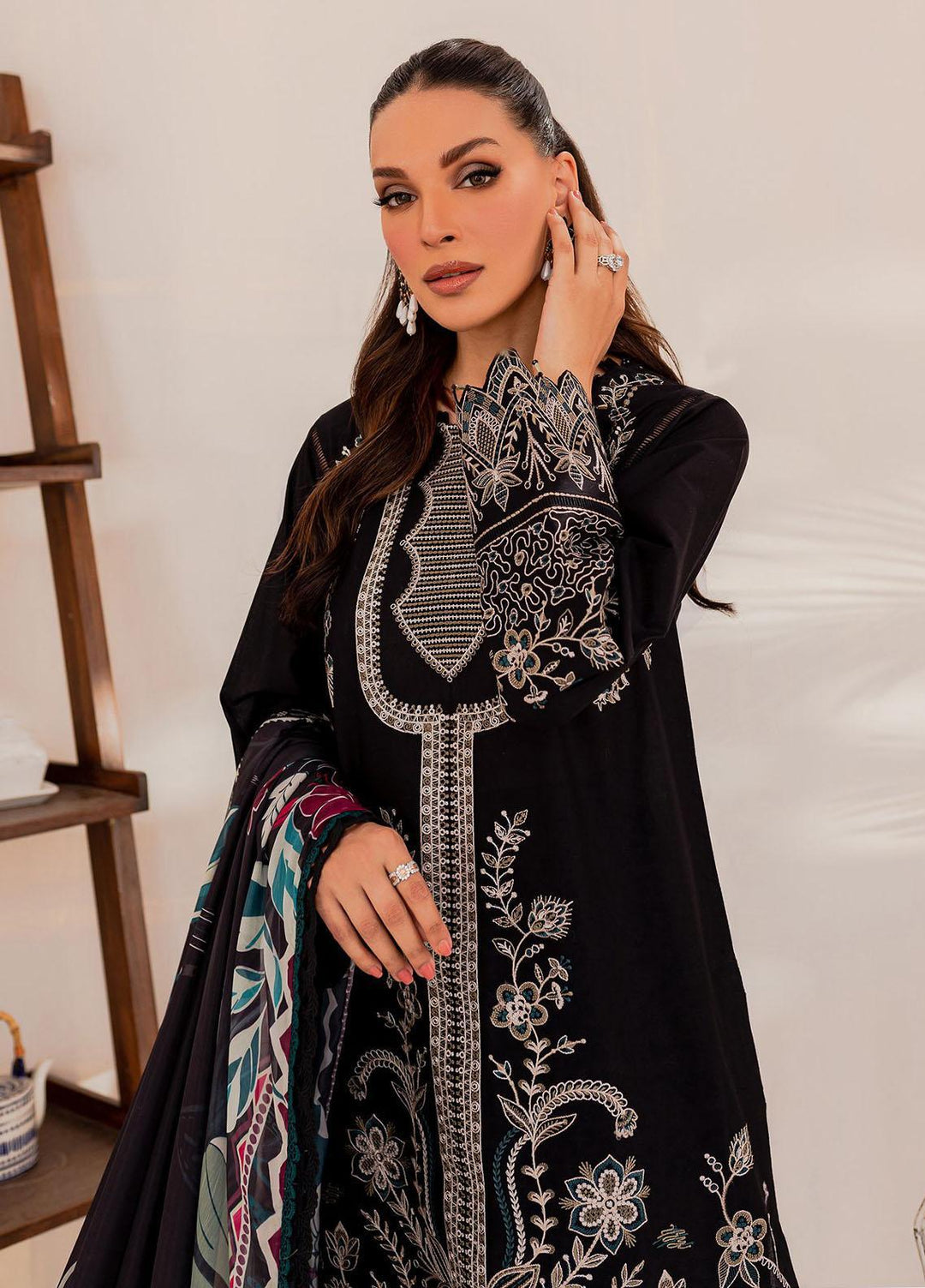 Mehek By Farasha Embroidered Lawn Suits Unstitched 3 Piece FDH23M D-06 Black Floret - Festive Collection