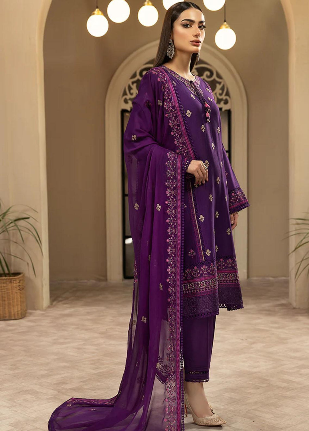 Meher-un-Nissa By Elegance Embroidered Lawn Suits Unstitched 3 Piece ELG233M MN-84 Viola - Luxury Collection