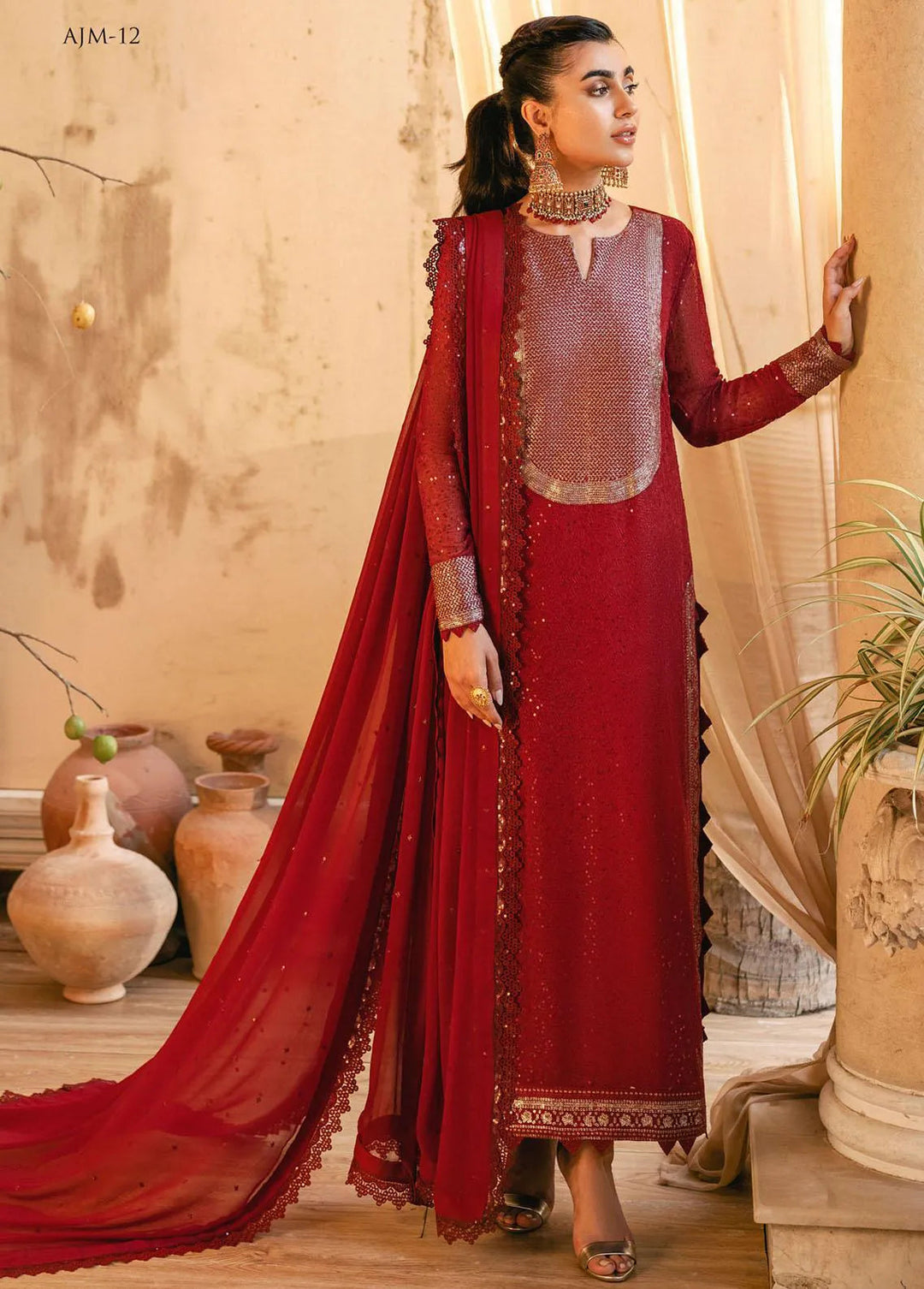 Mehr-o-Maah by Asim Jofa Embroidered Unstitched Suit 3 Piece AJ23MM AJM-12 - Luxury Festive Collection