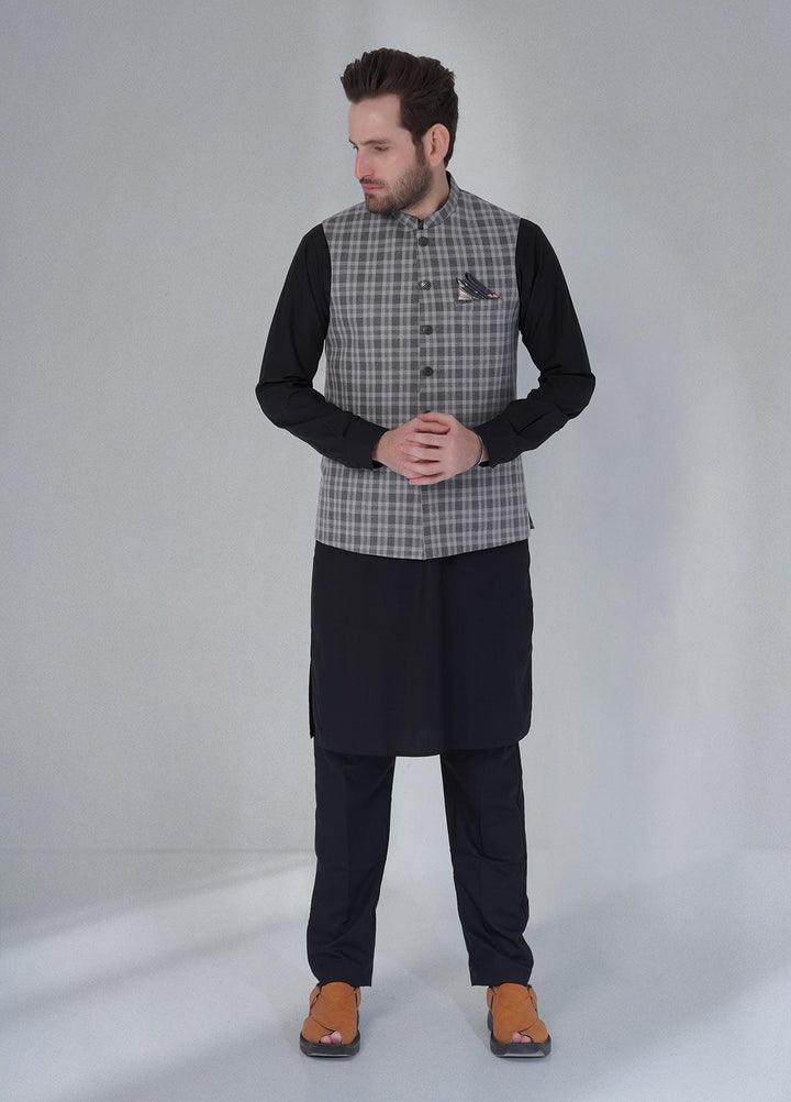 Sanaulla Exclusive Range Cotton Formal Waistcoat for Men -  W-1173 Grey Black